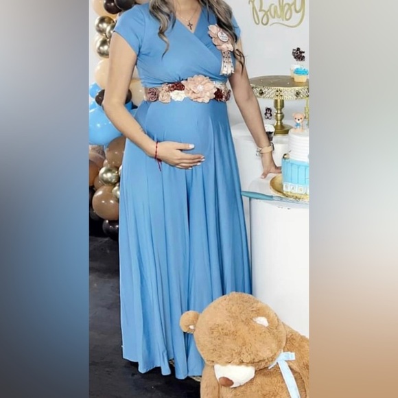 {KOH KOH} Long V-Neck Flowy Cap Short Sleeve V-Neck maternity Dress - Picture 1 of 12